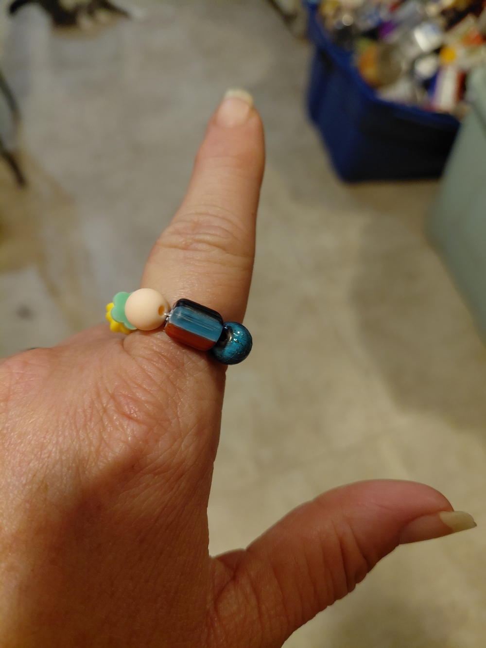 Handmade Beaded Stretch Ring in Teal and Peach